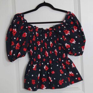 KATE SPADE smocked body ruffle sleeve floral top, womens